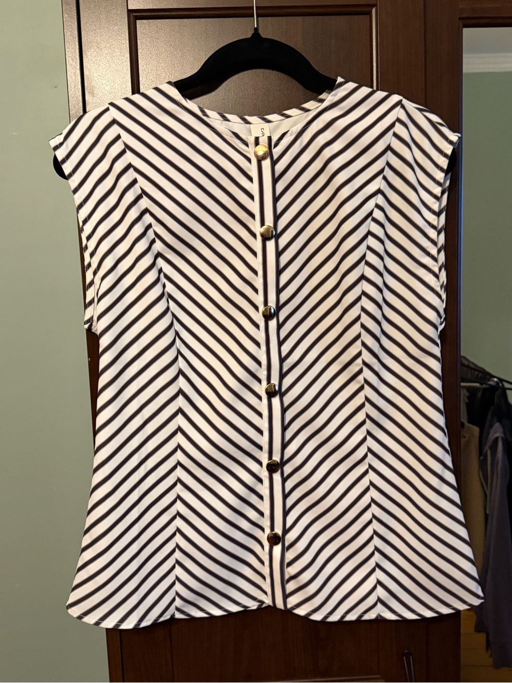 Commense Striped Sleeveless Button-Front Top with Belt